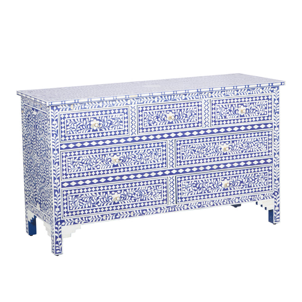 Bone Inlay 7 Drawer Chest of Drawers - Indigo Blue Floral