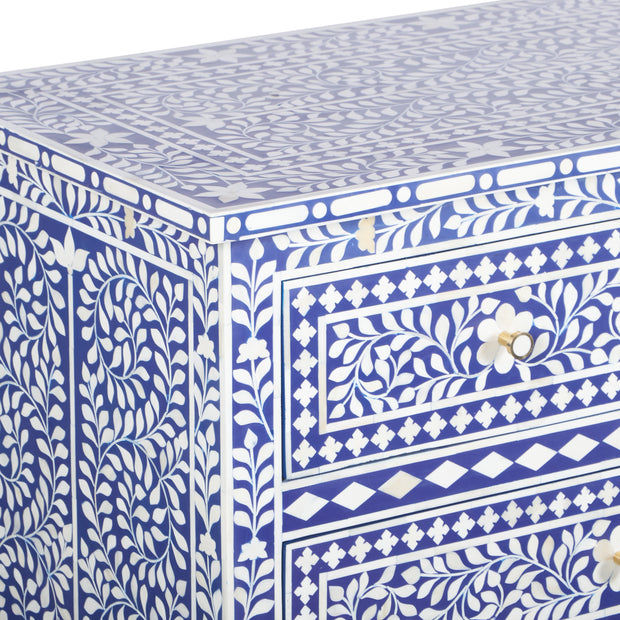 Bone Inlay 7 Drawer Chest of Drawers - Indigo Blue Floral
