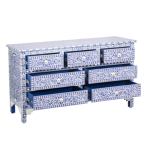 Bone Inlay 7 Drawer Chest of Drawers - Indigo Blue Floral