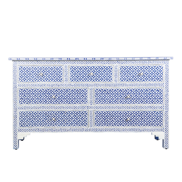 Bone Inlay 7 Drawer Chest of Drawers - Indigo Blue Geometric
