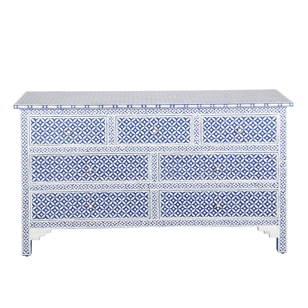 Bone Inlay 7 Drawer Chest of Drawers - Indigo Blue Geometric