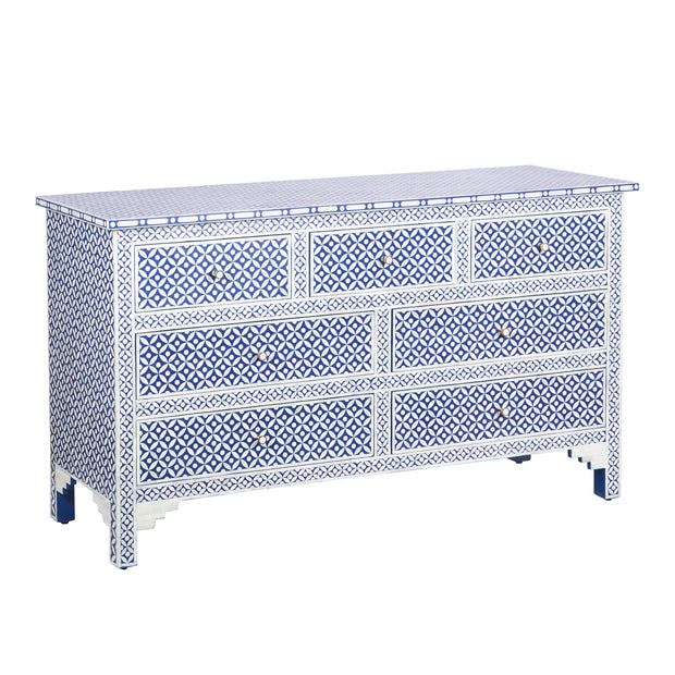 Bone Inlay 7 Drawer Chest of Drawers - Indigo Blue Geometric