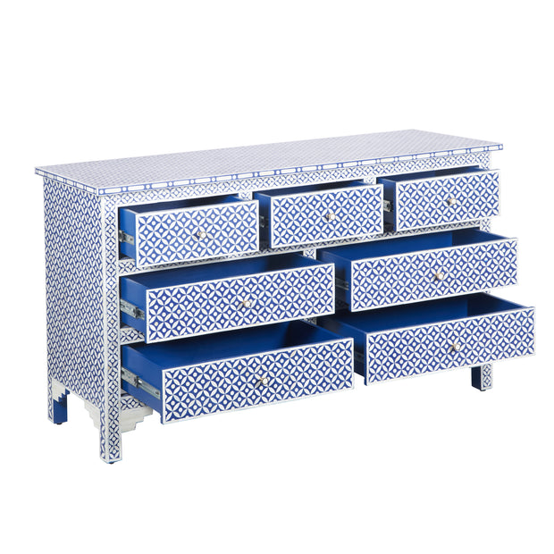 Bone Inlay 7 Drawer Chest of Drawers - Indigo Blue Geometric