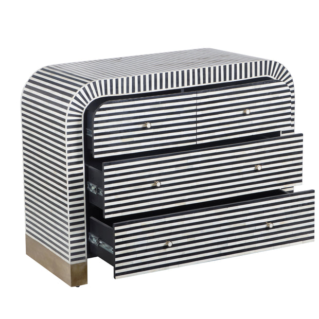 Bone Inlay 4 Drawer Chest of Drawers - Waterfall / Curved - Black Stripe