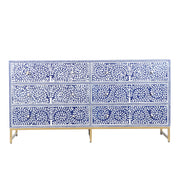 Bone Inlay Buffet 6 Drawer Chest of Drawers - Indigo Blue Floral Scroll