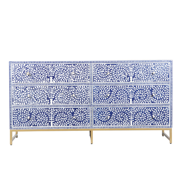 Bone Inlay Buffet 6 Drawer Chest of Drawers - Indigo Blue Floral Scroll