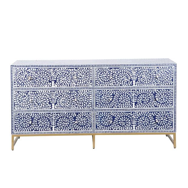 Bone Inlay Buffet 6 Drawer Chest of Drawers - Indigo Blue Floral Scroll