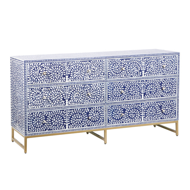 Bone Inlay Buffet 6 Drawer Chest of Drawers - Indigo Blue Floral Scroll