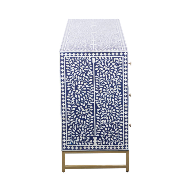 Bone Inlay Buffet 6 Drawer Chest of Drawers - Indigo Blue Floral Scroll