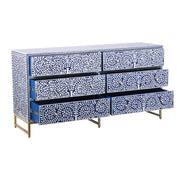 Bone Inlay Buffet 6 Drawer Chest of Drawers - Indigo Blue Floral Scroll