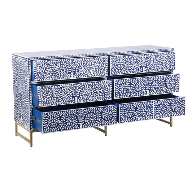 Bone Inlay Buffet 6 Drawer Chest of Drawers - Indigo Blue Floral Scroll