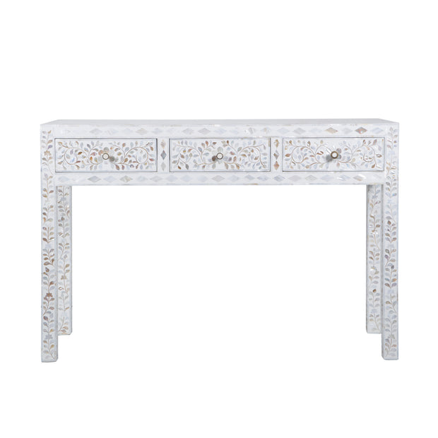 Mother of Pearl Inlay 3 Drawer Hall Table or Side Table - White Floral