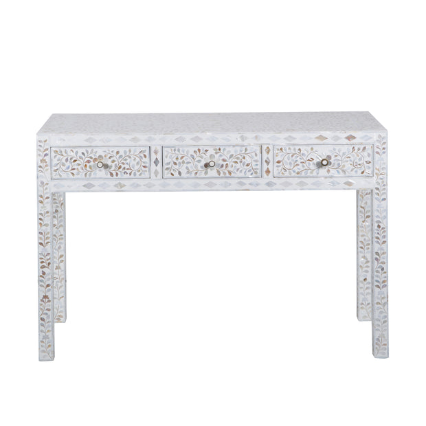 Mother of Pearl Inlay 3 Drawer Hall Table or Side Table - White Floral