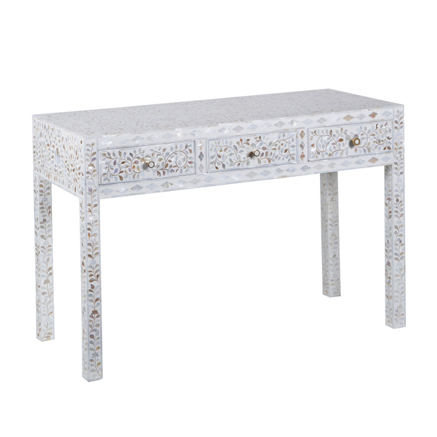 Mother of Pearl Inlay 3 Drawer Hall Table or Side Table - White Floral