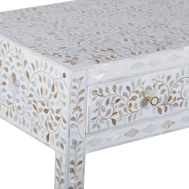 Mother of Pearl Inlay 3 Drawer Hall Table or Side Table - White Floral