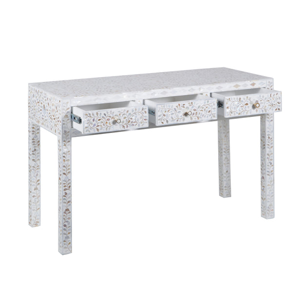 Mother of Pearl Inlay 3 Drawer Hall Table or Side Table - White Floral