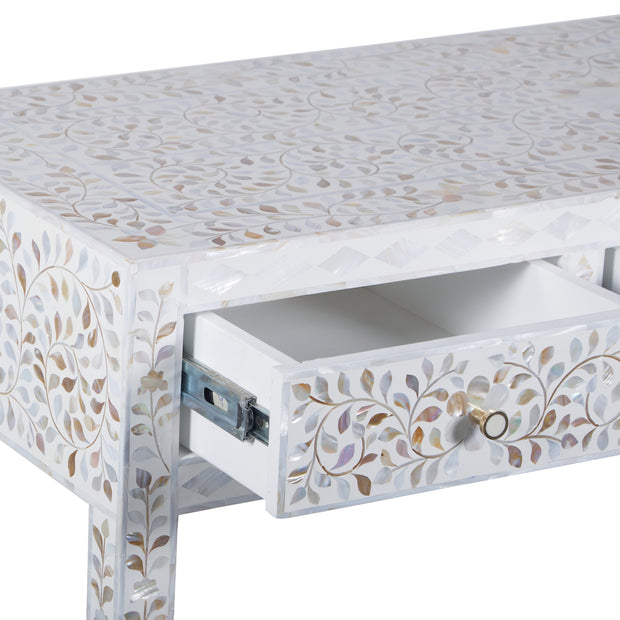 Mother of Pearl Inlay 3 Drawer Hall Table or Side Table - White Floral
