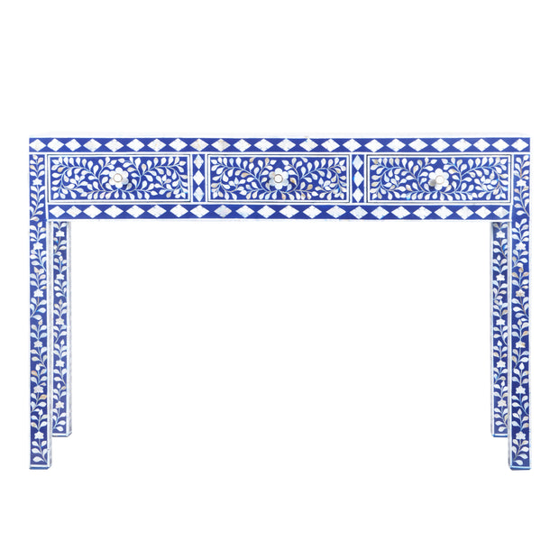 Mother of Pearl Inlay 3 Drawer Hall Table or Side Table - Indigo Blue Floral - Abacus and Hunt