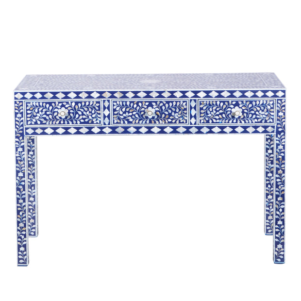 Mother of Pearl Inlay 3 Drawer Hall Table or Side Table - Indigo Blue Floral - Abacus and Hunt