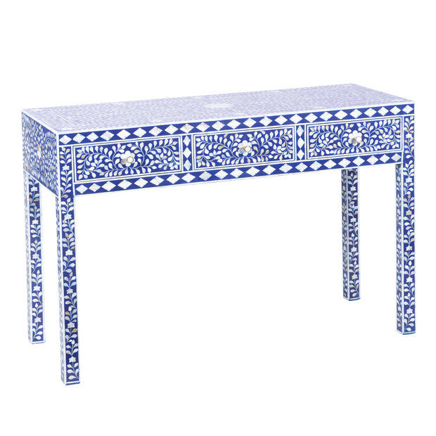 Mother of Pearl Inlay 3 Drawer Hall Table or Side Table - Indigo Blue Floral - Abacus and Hunt