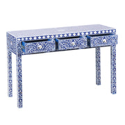 Mother of Pearl Inlay 3 Drawer Hall Table or Side Table - Indigo Blue Floral - Abacus and Hunt