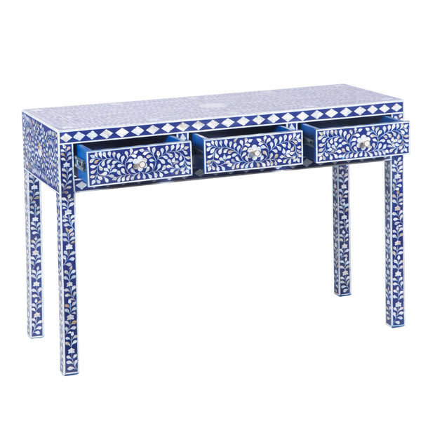 Mother of Pearl Inlay 3 Drawer Hall Table or Side Table - Indigo Blue Floral - Abacus and Hunt