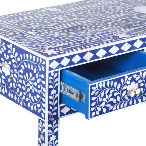 Mother of Pearl Inlay 3 Drawer Hall Table or Side Table - Indigo Blue Floral - Abacus and Hunt