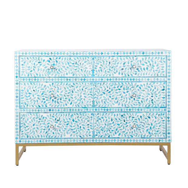 Bone Inlay 3 Drawer Chest of Drawers - Turquoise Scroll