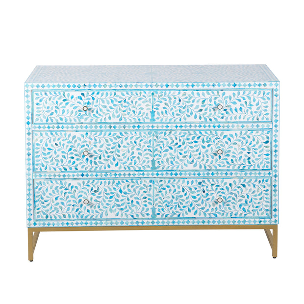 Bone Inlay 3 Drawer Chest of Drawers - Turquoise Scroll