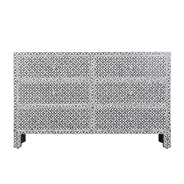 Bone Inlay Buffet 6 Drawer Chest of Drawers - Black Geometric