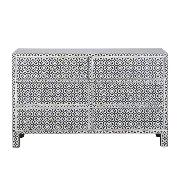 Bone Inlay Buffet 6 Drawer Chest of Drawers - Black Geometric