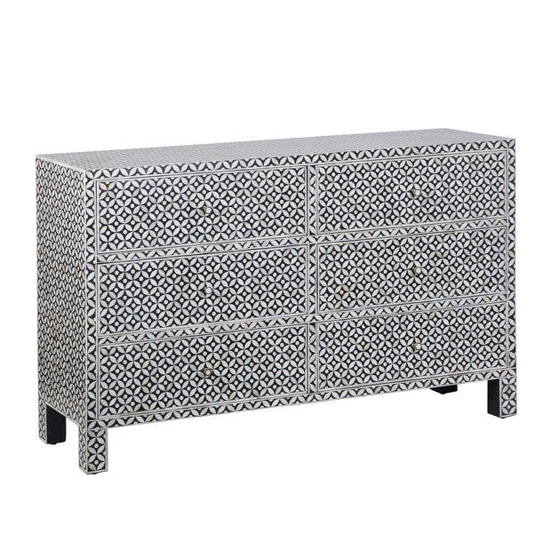 Bone Inlay Buffet 6 Drawer Chest of Drawers - Black Geometric