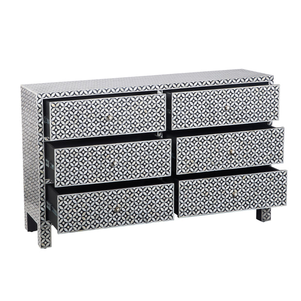 Bone Inlay Buffet 6 Drawer Chest of Drawers - Black Geometric