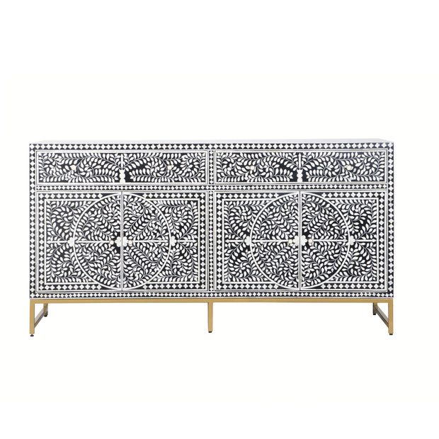 Bone Inlay Buffet Chest of Drawers - Black Floral Scroll