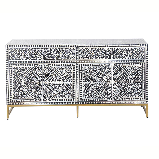 Bone Inlay Buffet Chest of Drawers - Black Floral Scroll