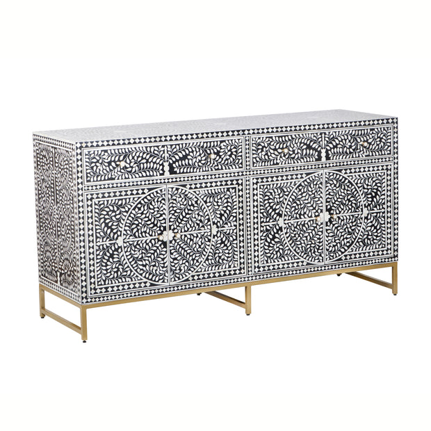 Bone Inlay Buffet Chest of Drawers - Black Floral Scroll