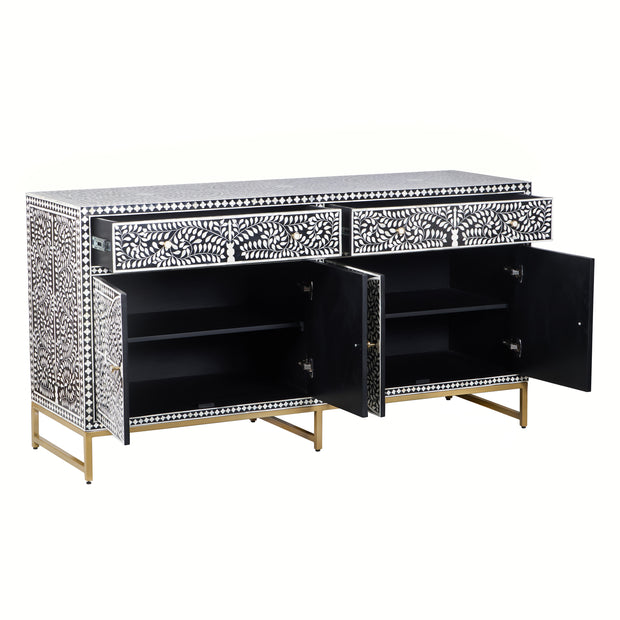 Bone Inlay Buffet Chest of Drawers - Black Floral Scroll
