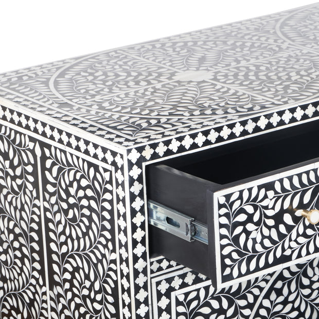 Bone Inlay Buffet Chest of Drawers - Black Floral Scroll