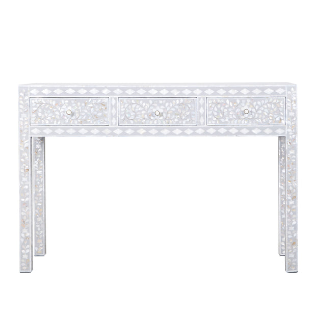 Mother of Pearl Inlay 3 Drawer Hall Table or Side Table - Light Grey Floral