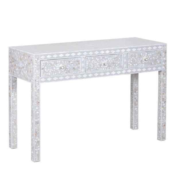 Mother of Pearl Inlay 3 Drawer Hall Table or Side Table - Light Grey Floral