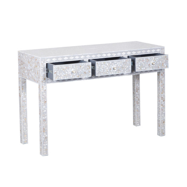 Mother of Pearl Inlay 3 Drawer Hall Table or Side Table - Light Grey Floral