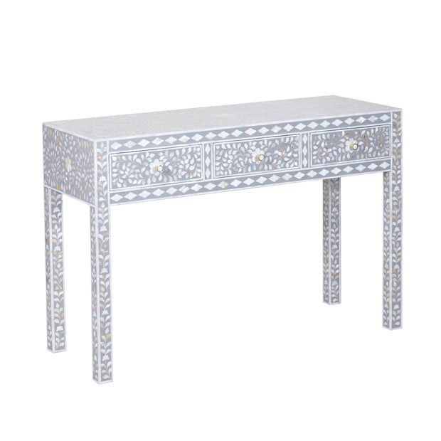 Mother of Pearl Inlay 3 Drawer Hall Table or Side Table - Dark Grey Floral