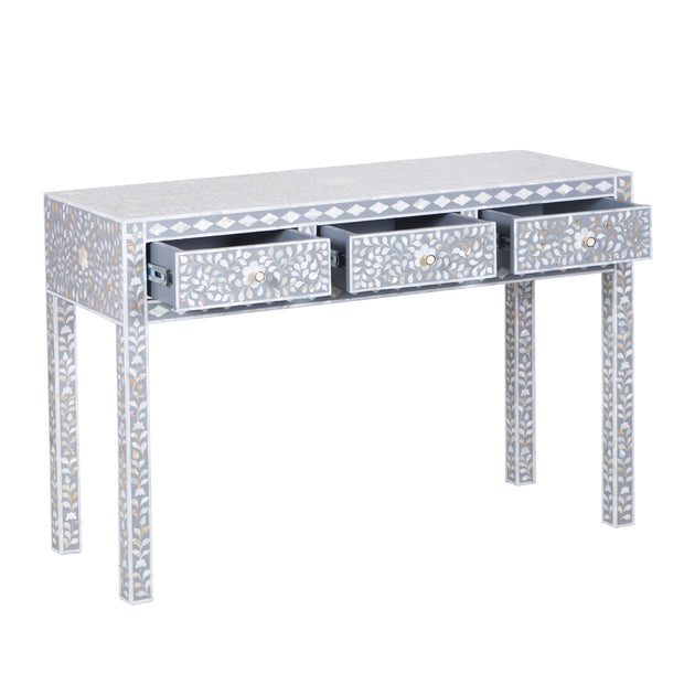 Mother of Pearl Inlay 3 Drawer Hall Table or Side Table - Dark Grey Floral