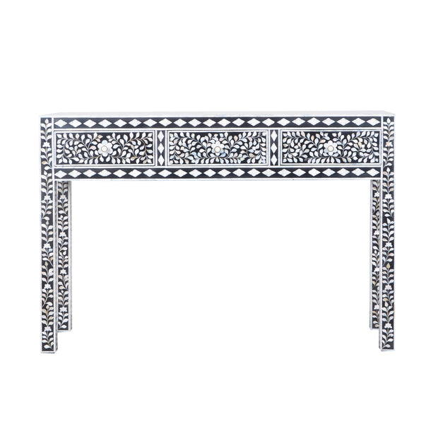 Mother of Pearl Inlay 3 Drawer Hall Table or Side Table - Black Floral
