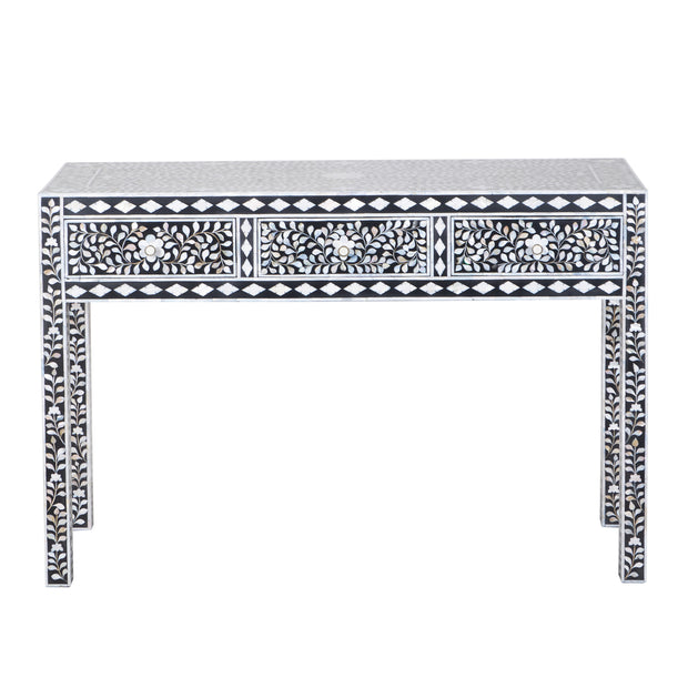 Mother of Pearl Inlay 3 Drawer Hall Table or Side Table - Black Floral