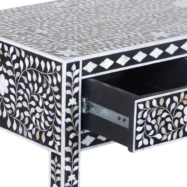 Mother of Pearl Inlay 3 Drawer Hall Table or Side Table - Black Floral