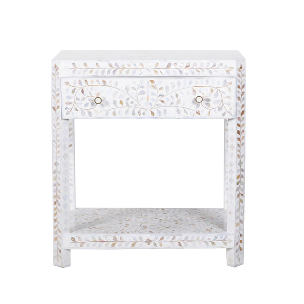 Mother of Pearl Inlay LARGE 1 Drawer Bedside Table with Shelf - White Floral