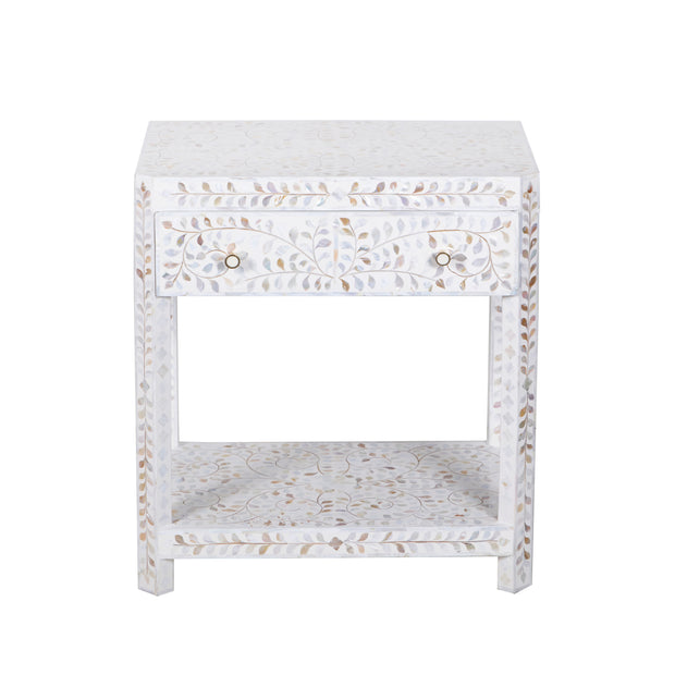 Mother of Pearl Inlay LARGE 1 Drawer Bedside Table with Shelf - White Floral