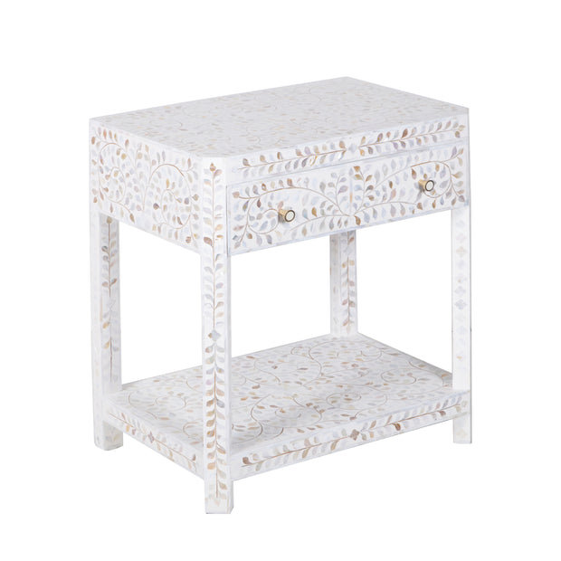 Mother of Pearl Inlay LARGE 1 Drawer Bedside Table with Shelf - White Floral