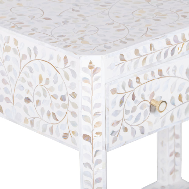 Mother of Pearl Inlay LARGE 1 Drawer Bedside Table with Shelf - White Floral